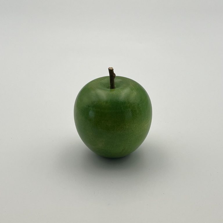 Hand painted wooden green apple with small brown stems.